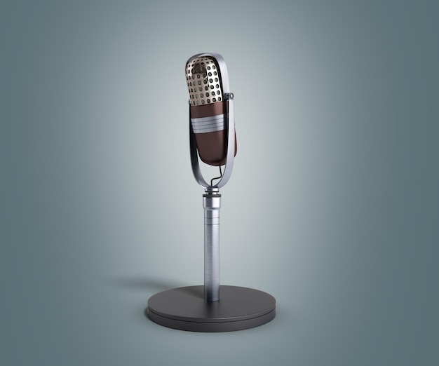 Microphone argenté vintage sur fond dégradé gris rendu 3d