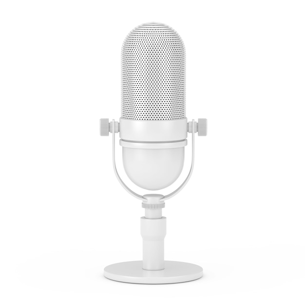 Microphone blanc vintage en style argile sur fond blanc. Rendu 3D