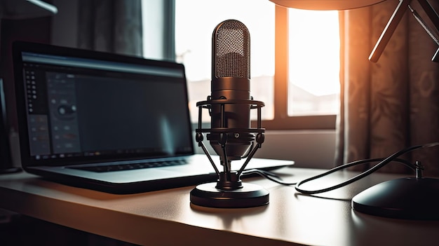 Un microphone sur un bureau à côté d'un ordinateur portable