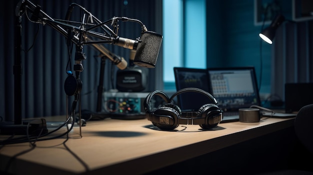 Un microphone sur un bureau avec un microphone et un microphone avec les mots radio dessus.