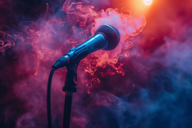 Photo le microphone des chanteurs englouti par les couleurs vibrantes de la bombe à fumée sur une scène faiblement éclairée capture