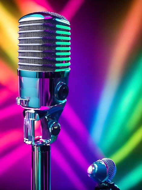 Microphone chromé coloré sur scène prêt à la diffusion