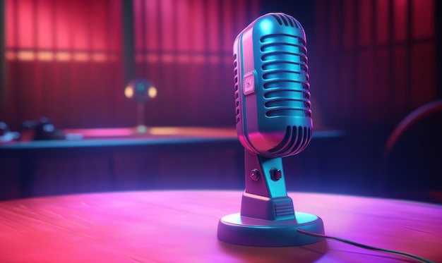 Un microphone coloré sur la table avec une lumière violette générée par l'IA