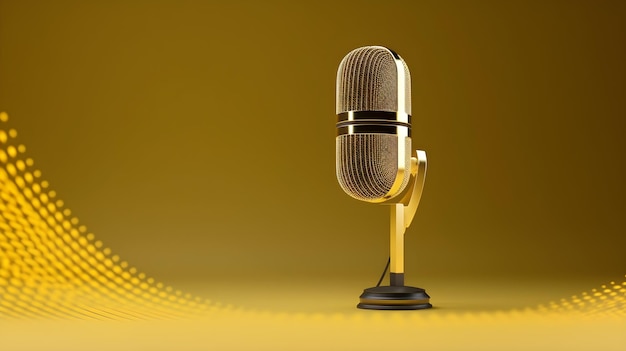 Un microphone doré sur un support à fond jaune