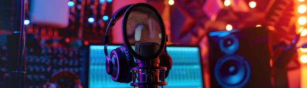 Un microphone et des écouteurs de haute qualité dans un studio éclairé par des lumières LED colorées