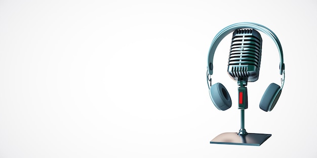 Microphone avec écouteurs sur un support isolé sur fond blanc Rendering 3D