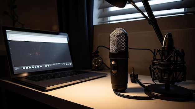 Un microphone est posé sur un bureau à côté d'un ordinateur portable.