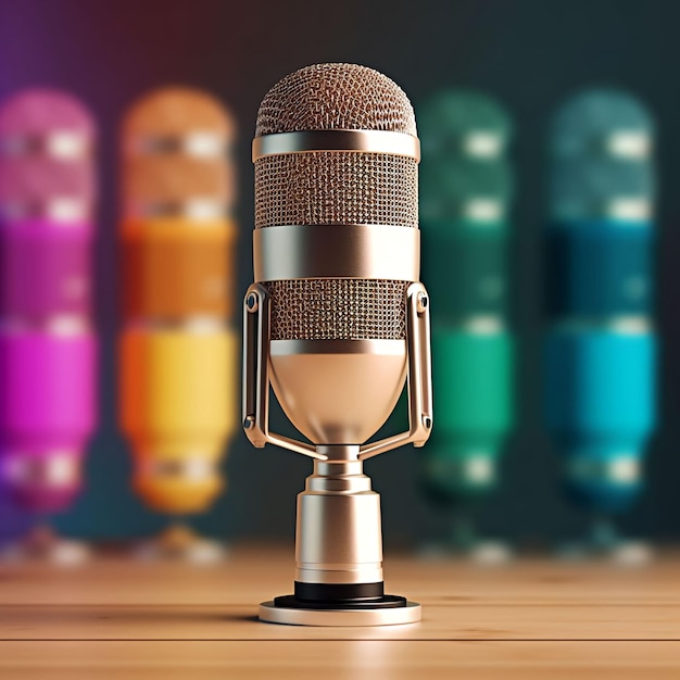 Un microphone est sur une table en bois devant un fond coloré.