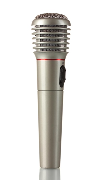 Photo microphone en fer gris brillant isolé sur blanc