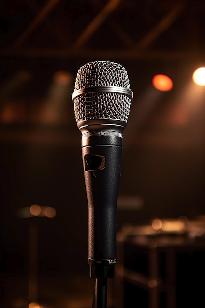 Un microphone avec un microphone noir devant un projecteur.
