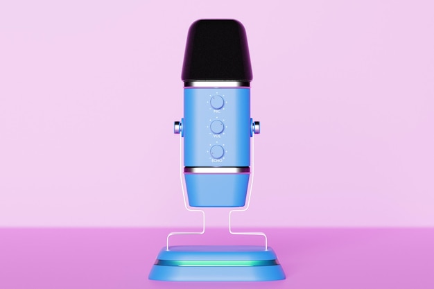 Microphone rétro bleu isolé sur fond rose pastel rendu 3d de style minimal