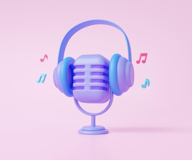 Microphone rétro avec casque notes musique sur fond pastel rose podcast écoute divertissement studio musical concept de karaoké dessin animé minimal illustration de rendu 3d lisse mignon