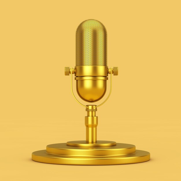 Photo microphone rétro doré sur un piédestal doré sur fond jaune. rendu 3d