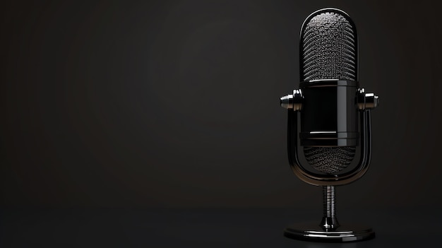 Photo un microphone rétro noir sur un fond noir le microphone est en focus et l'arrière-plan est légèrement flou