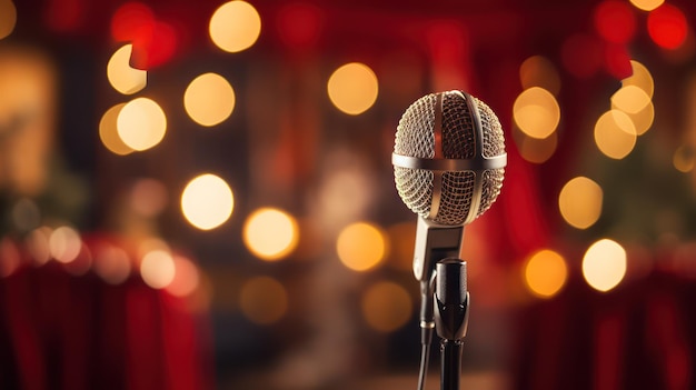 Microphone sur scène dans une salle de concert ou une salle de conférence avec fond bokeh