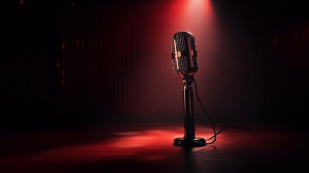 Un microphone sur une scène avec une lumière rouge derrière.