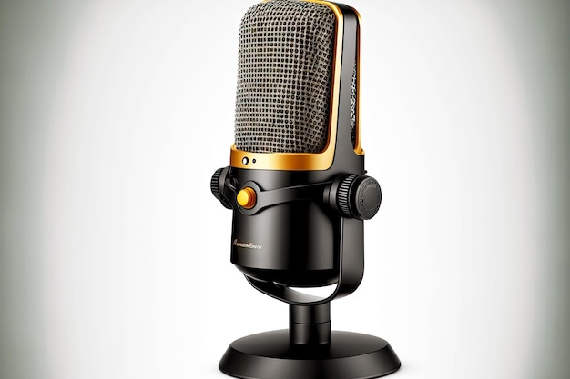 Microphone de studio noir avec cadre doré et contrôle du volume doré se dresse sur un support rond noir sur w