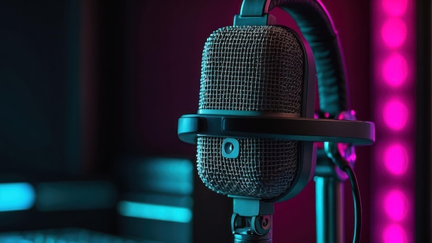 Photo microphone de studio professionnel sur des lumières au néon rose