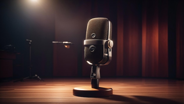 Photo microphone sur table en bois contre mur de briques