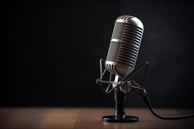 Un microphone sur une table en bois avec le mot radio dessus.