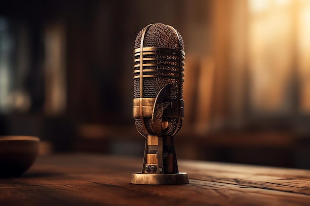 Un microphone sur une table en bois avec le mot radio dessus.