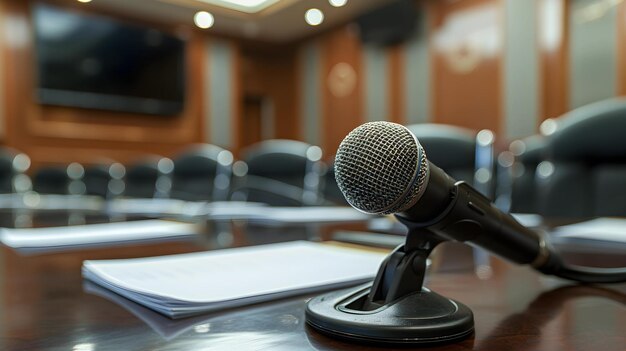 Microphone sur la table dans la salle de conférence ou la salle de séminaire
