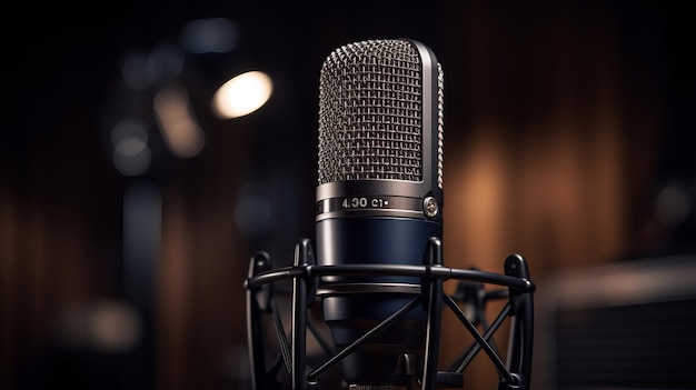Microphone sur la table dans le studio d'enregistrement agrandi Podcasr studio généré par l'IA
