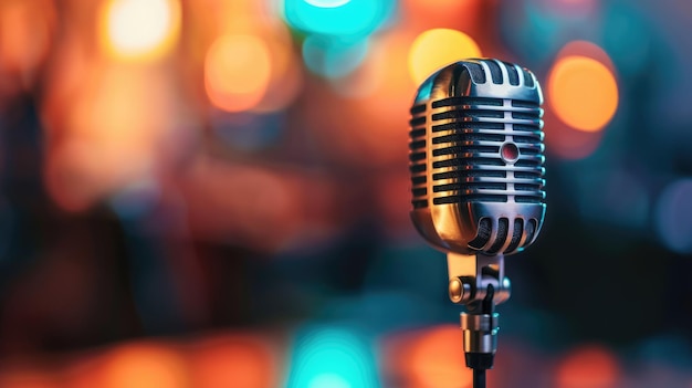 Un microphone vintage sur fond de lumières bokeh colorées