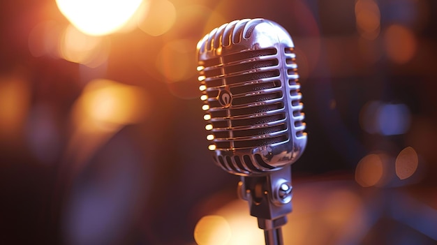 Microphone vintage sur scène avec des lumières Bokeh