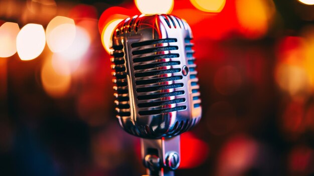 Un microphone vintage se baigne dans la lueur chaude des lumières bokeh préparant la scène pour une performance classique