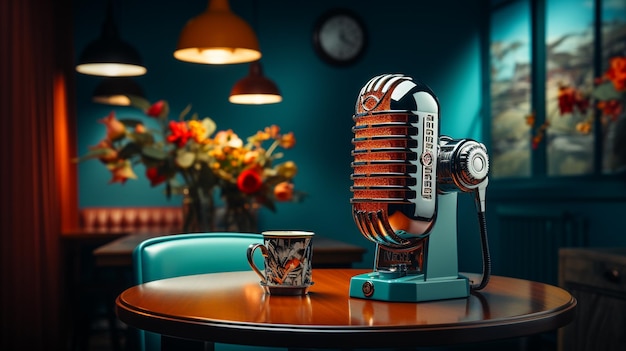 microphone vintage sur une table en bois radio rétro