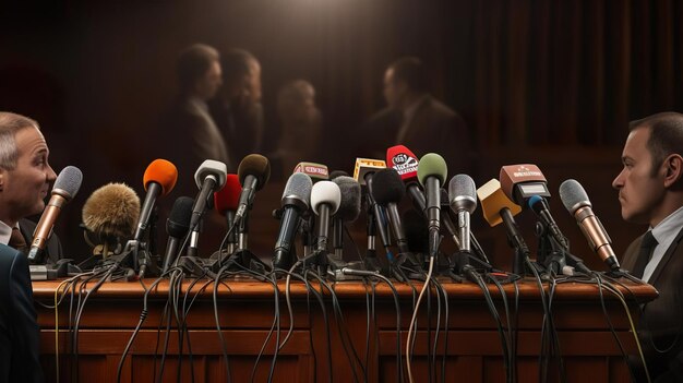 Photo les microphones de la conférence médiatique sont appuyés.