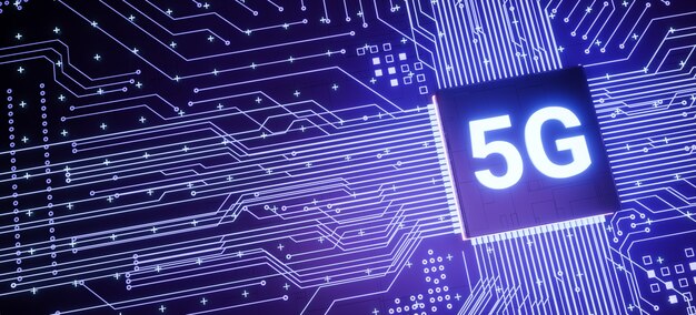 Micropuce de prise en charge 5G sur la carte de circuit imprimé du smartphone, microprocesseur de communication iot intelligent, arrière-plan de concept de technologie Internet de réseau mobile futuriste rapide en temps réel