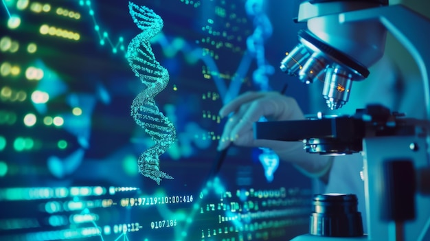 Photo microscope d'adn structure humaine science de fond double hélice génétique biotechnologie médicale biol