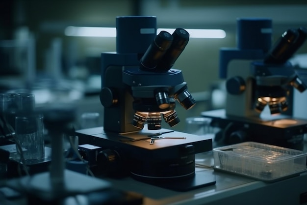 Un microscope est posé sur une table dans un laboratoire avec un fond bleu.