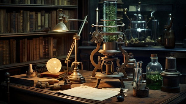 Microscope de laboratoire antique et tubes en verre