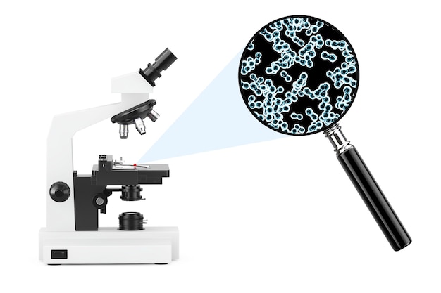 Le microscope de laboratoire moderne explore les bactéries et les virus vus à travers une loupe sur fond blanc. Rendu 3D.