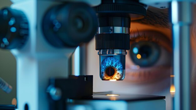 Un microscope numérique zoome sur un petit détail d'un examen oculaire alors que l'optométriste étudie de près le