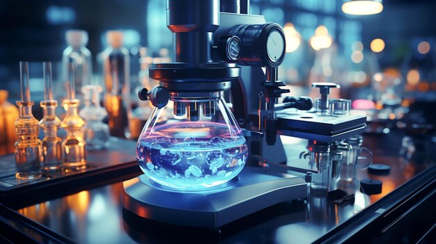 un microscope et un récipient en verre avec une étiquette bleue sur un laboratoire