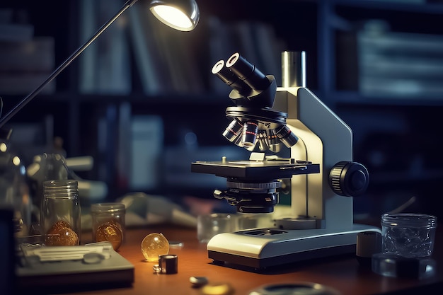 Microscope sur la table à l'école technologie de recherche scientifique IA