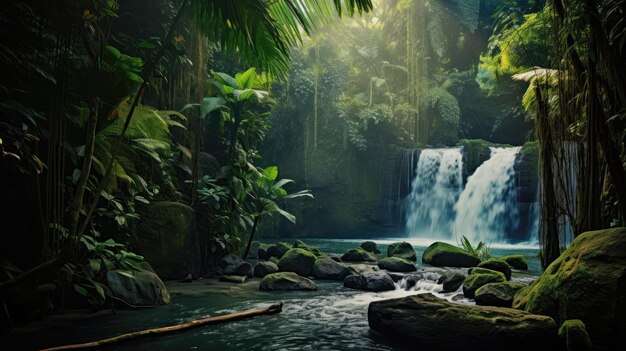 À midi, une forêt tropicale avec une cascade.