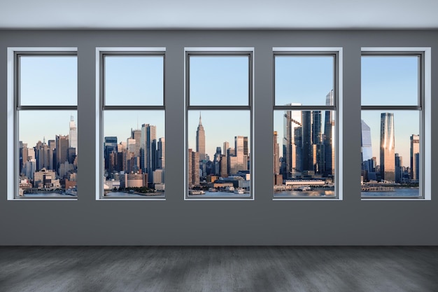 Midtown New York City Manhattan Skyline Bâtiments à partir de la fenêtre de grande hauteur Beau Cher Immobilier Salle vide Intérieur Gratte-ciel Vue Paysage urbain Jour Hudson Yards Côté ouest rendu 3d