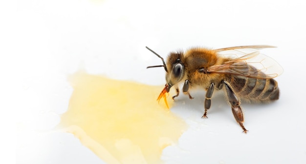 Le miel et l'abeille mangent du miel sur fond blanc. Apiculture. Gros plan du cadre.