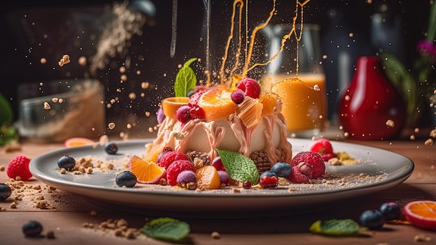 Photo miel bio versé sur un dessert aux fruits frais sur une assiette