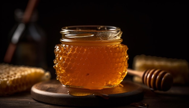 Miel biologique versé dans un pot avec une cuillère en bambou sur une table rustique générée par l'IA