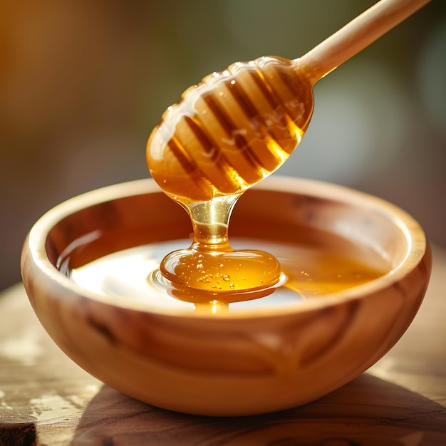Le miel coulant d'une cuve à miel en bois dans un bol sur fond en bois