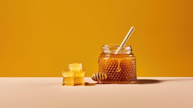 Miel dans un bocal avec du miel dessus