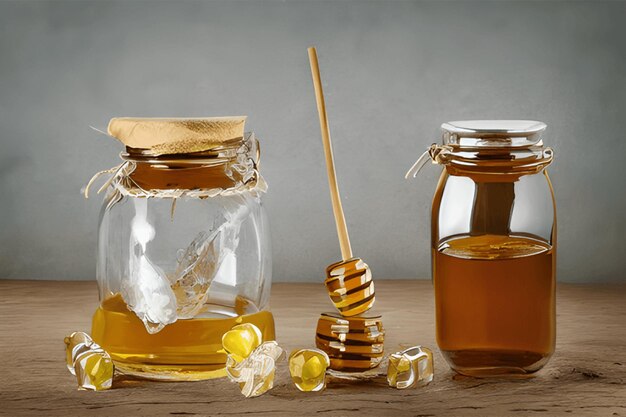 Photo miel dégoulinant honeyjar et illustration de l'ensemble d'abeilles ai générative