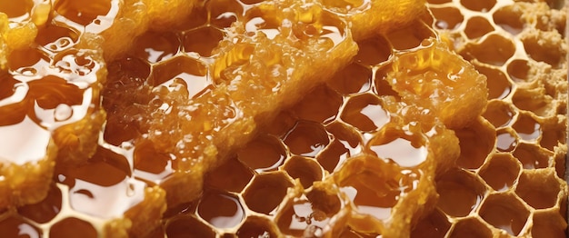 Miel doré dégoulinant lentement d'une IA générative en nid d'abeille