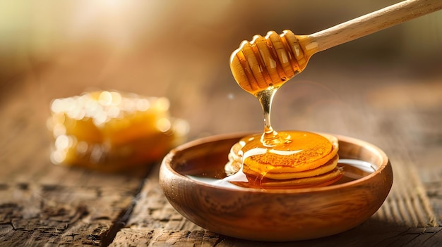 Le miel doré qui s'écoule de la cuillère au bol sur la table rustique douceur naturelle nourriture biologique lueur chaude de la lumière du matin IA